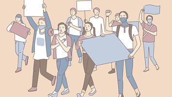 Protestors wearing masks and marching with signs