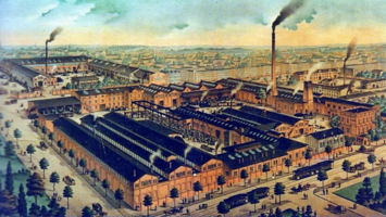 A factory set in a 19th century urban environment.