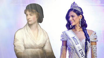 A portrait of Mary Wollstonecraft next to a photo of Sheynnis Palacios in her Miss Universe sash and tiara.