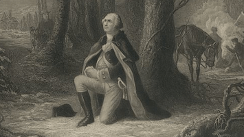 An image of George Washington kneeling to pray.