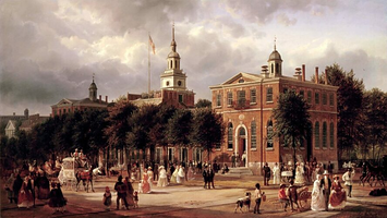 A painting of Independence Hall in Philadelphia, PA by Ferdinand Richardt.