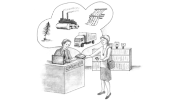 An illustration of a woman purchasing a book. Pointing to the book, a bubble contains illustrations of some of the inputs that went into making the book, both raw materials and processes.