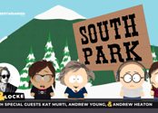 Cartoon characters of Landry Ayres, Kat Murti, Andrew Young, and Andrew Heaton are shown in front of a sign that says 'South Park' and a snowy mountain range.
