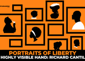 Silhouettes of various people are shown in black frames against an orange background. Text reads: Portraits of Liberty, The Highly Visible Hand: Richard Cantillon