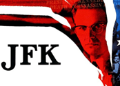 Actor Kevin Costner appears on a red white and blue American flag background with the letters JFK on top.