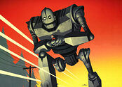 An illustration of The Iron Giant holding Hogarth in his hands and running away from airplanes firing upon them.