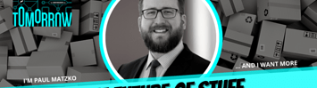 A black and white photo of boxes is the background for a photo of Paul Matzko, the host of Building Tomorrow, and a graphic with the title of the episode "The Future of Stuff." 