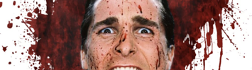 Pop & Locke Podcast - Actor Christian Bale's face is centered in the middle of the photo. He's screaming, mouth open. Spattered blood covers his face and the white wall behind him. 