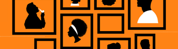 Silhouettes of various people are shown in black frames against an orange background. Text reads: Portraits of Liberty, The Highly Visible Hand: Richard Cantillon