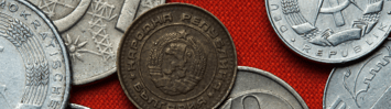 Coins from Bulgaria are shown against a red background. 