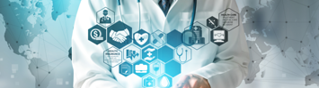 A person in a doctor's coat holds a phone in front of their body. Various medical icons are shown floating above the phone.