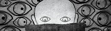 A black and white drawing of a person looking at a computer screen. Eyes float in the background, looking over the person's shoulder.