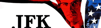 Actor Kevin Costner appears on a red white and blue American flag background with the letters JFK on top.