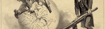 Cartoon print shows Vice President Andrew Johnson sitting atop a globe, attempting to stitch together the map of the United States with needle and thread. Abraham Lincoln stands, right, using a split rail to position the globe. Johnson warns, "Take it quietly Uncle Abe and I will draw it closwer than ever." While Lincoln commends him, "A few more stitches Andy and the good old Union will be mended."