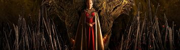 Rhaenyra stands in front of the Iron Throne, with a dragon behind her.