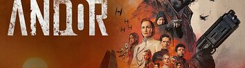 The cast of Andor is superimposed over a setting sun and an old Imperial cruiser, with the Star Wars logo in the foreground.